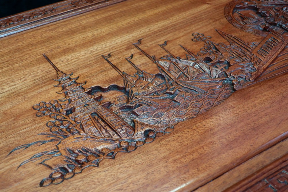 Early 20th Century Oriental Carved Teak and Camphor Wood Chest View IV