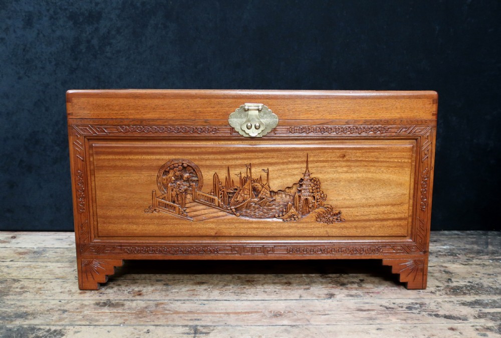Early 20th Century Oriental Carved Teak and Camphor Wood Chest View V
