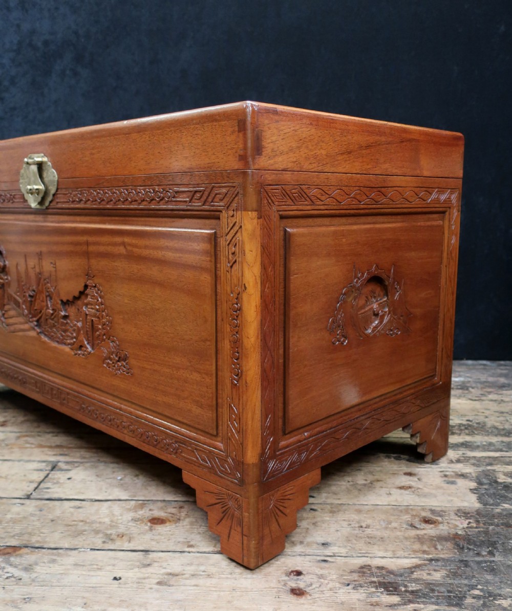 Early 20th Century Oriental Carved Teak and Camphor Wood Chest View VI