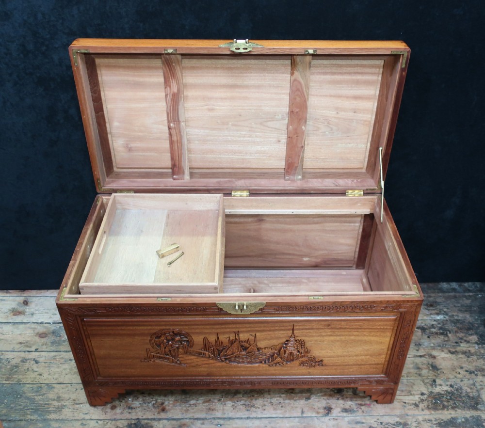 Early 20th Century Oriental Carved Teak and Camphor Wood Chest View XII
