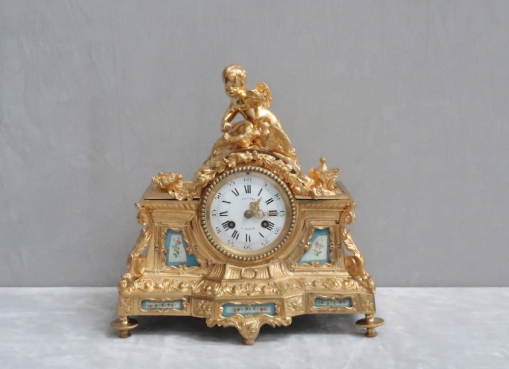French Napoleon III Bronze Gilt and Porcelain Mantel Clock