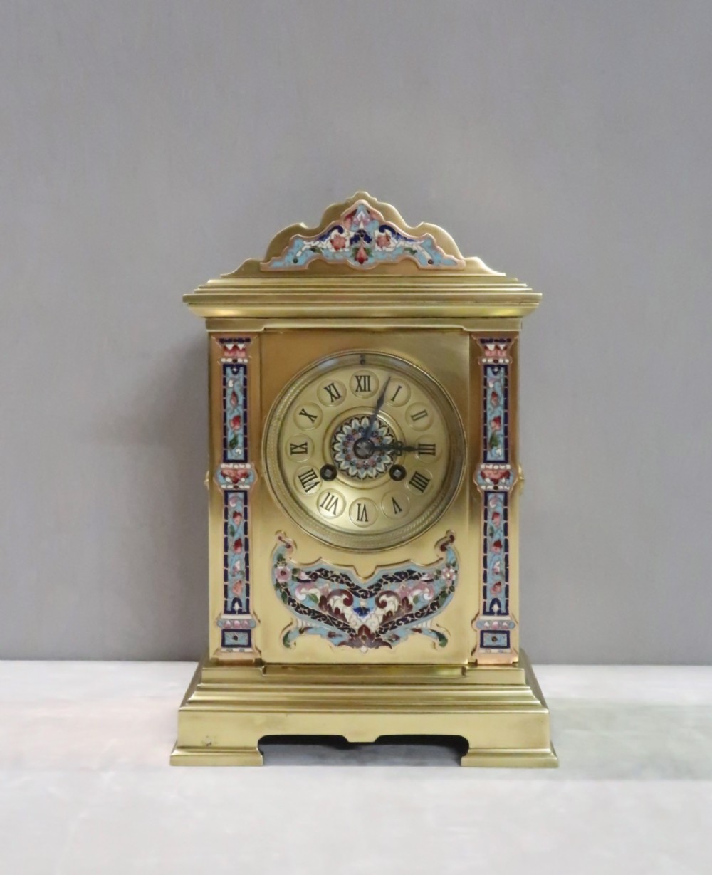 French Napoleon III Brass and Champleve Mantel Clock by Vincenti