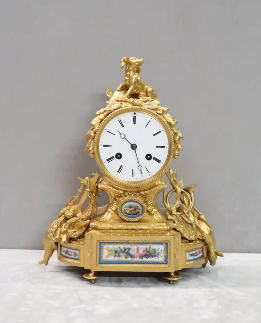 French Louis XVI Style Bronze Gilt and Porcelain Mantel Clock