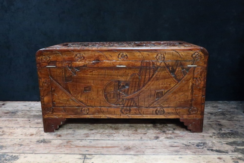 Early 20th Century Oriental Carved Camphor Wood Chest View X