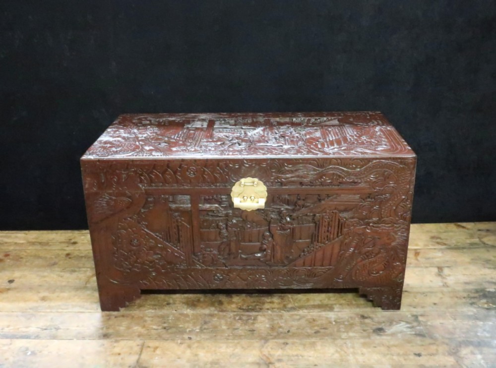 Early 20th Century Oriental Carved Camphor Wood Chest