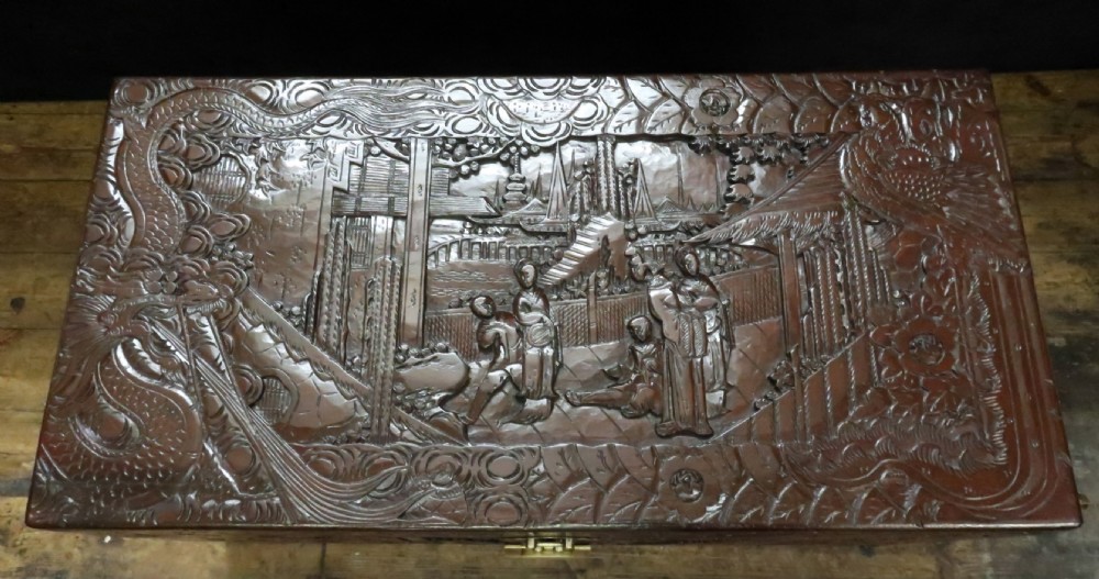 Early 20th Century Oriental Carved Camphor Wood Chest View III