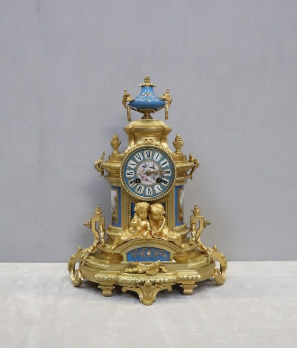 French Napoleon III Bronze Gilt and Porcelain Mantel Clock