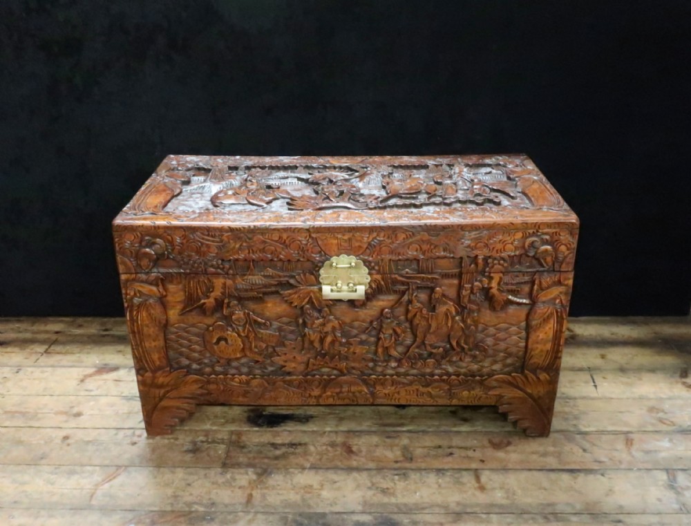 Early 20th Century Oriental Carved Camphor Wood Chest