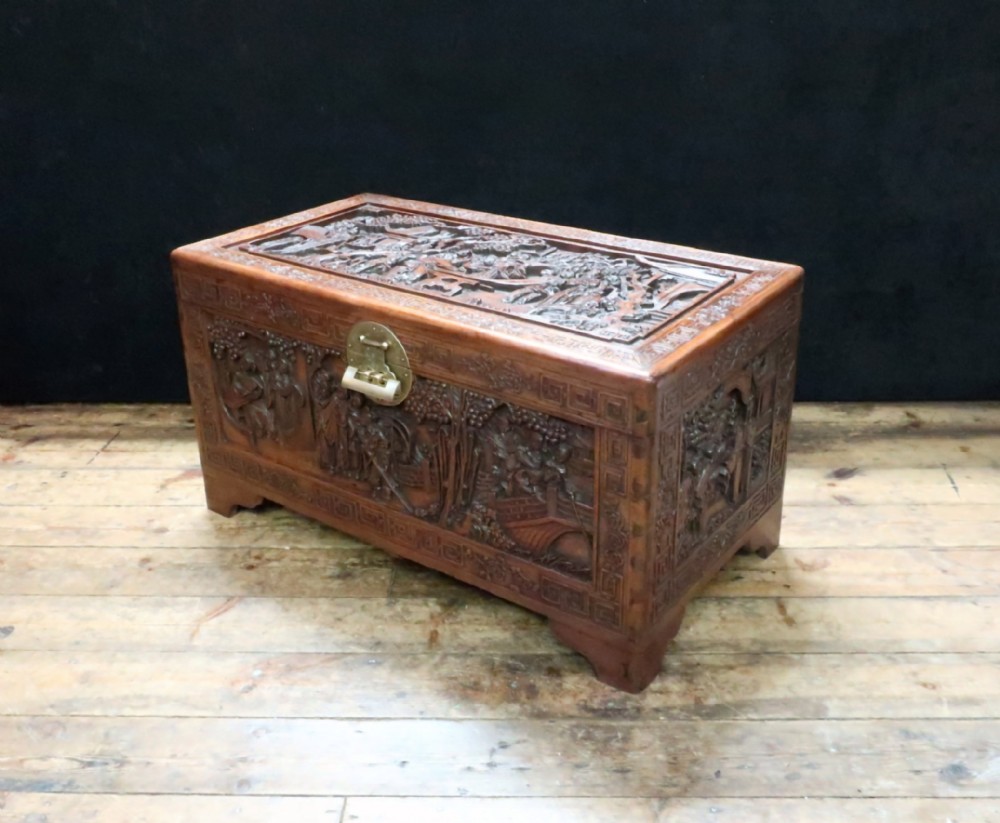 Oriental Carved Teak and Camphor Wood Chest
