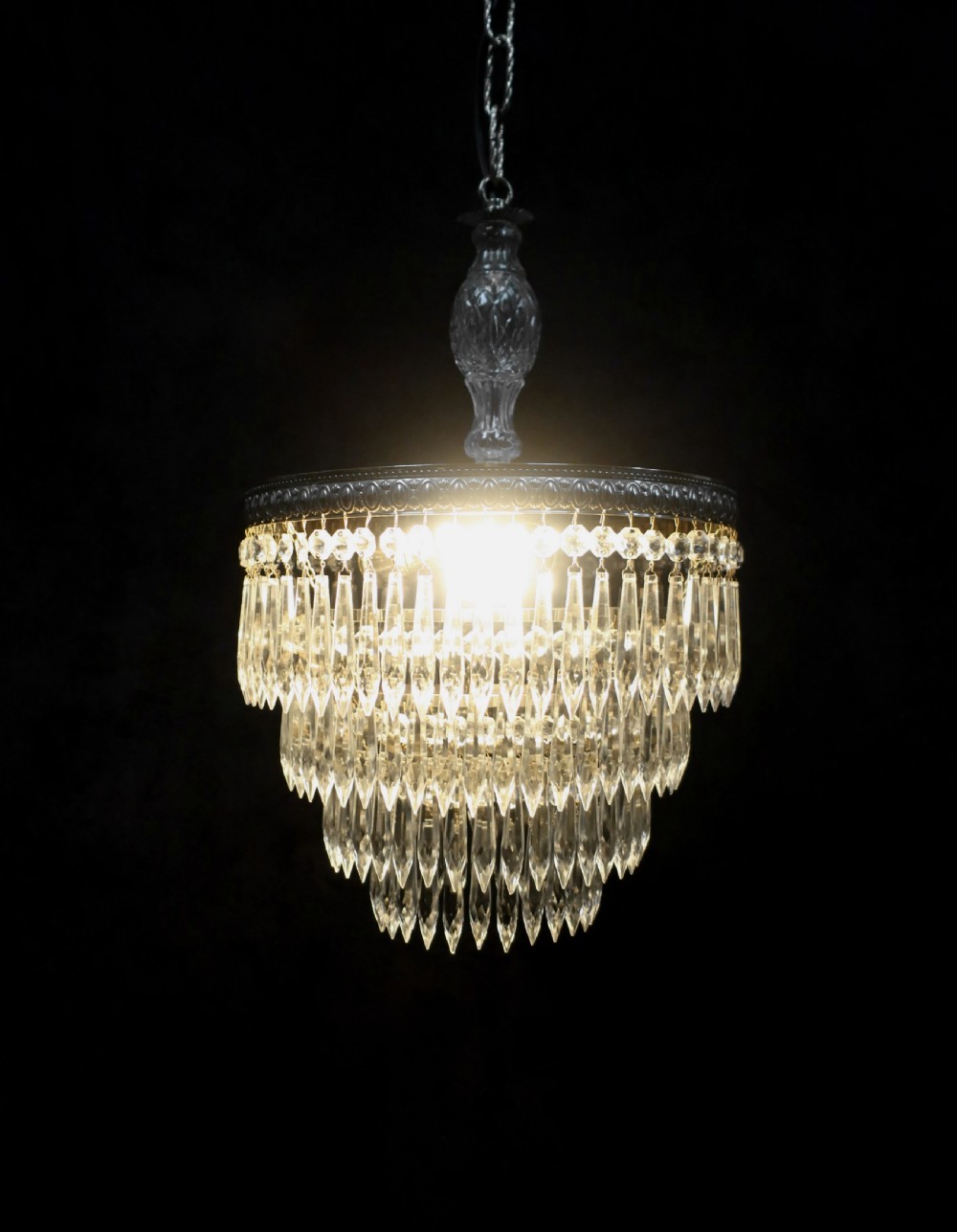 Italian Art Deco Chrome Four Tier Crystal Glass Chandelier View II
