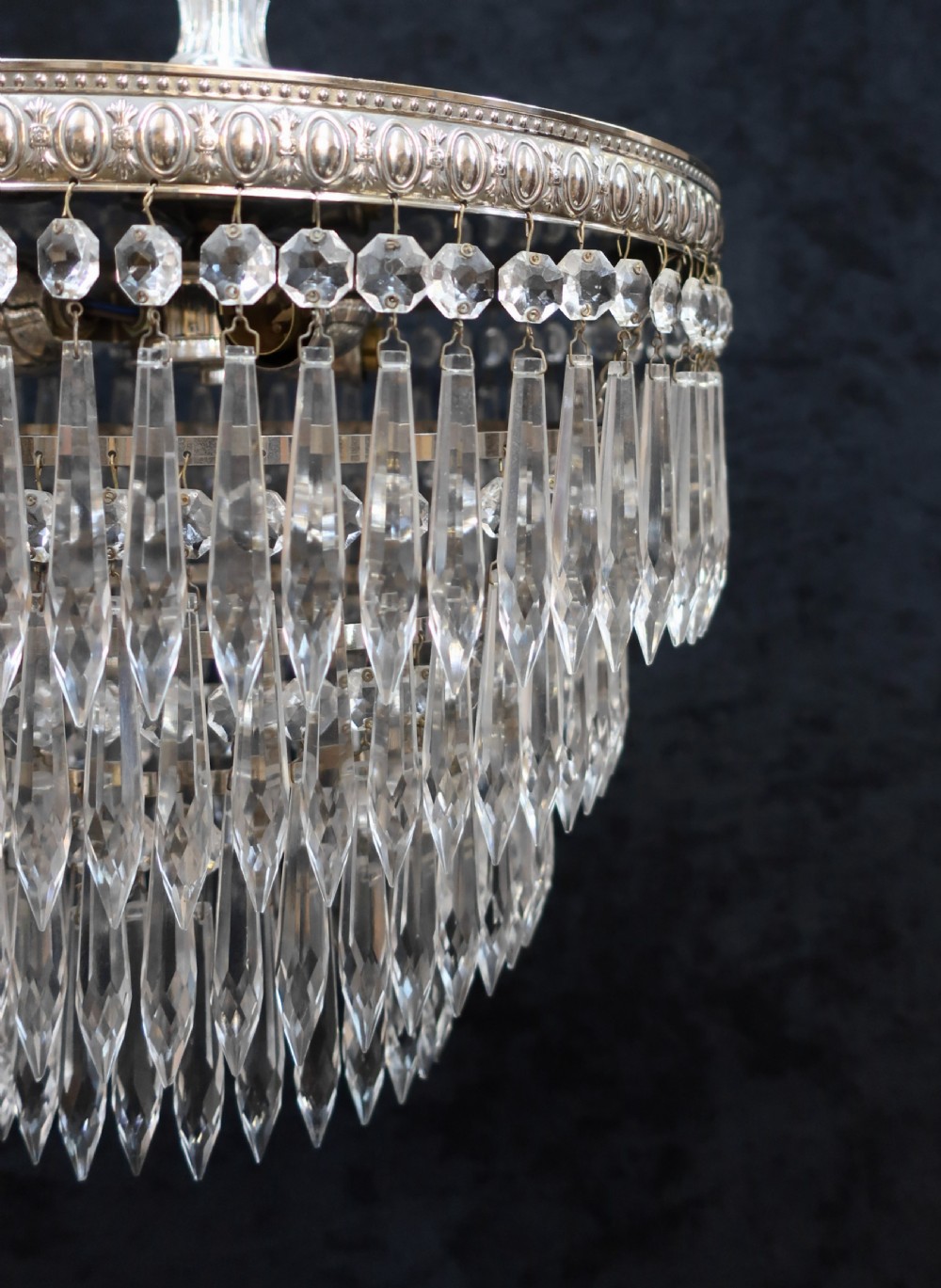 Italian Art Deco Chrome Four Tier Crystal Glass Chandelier View IV