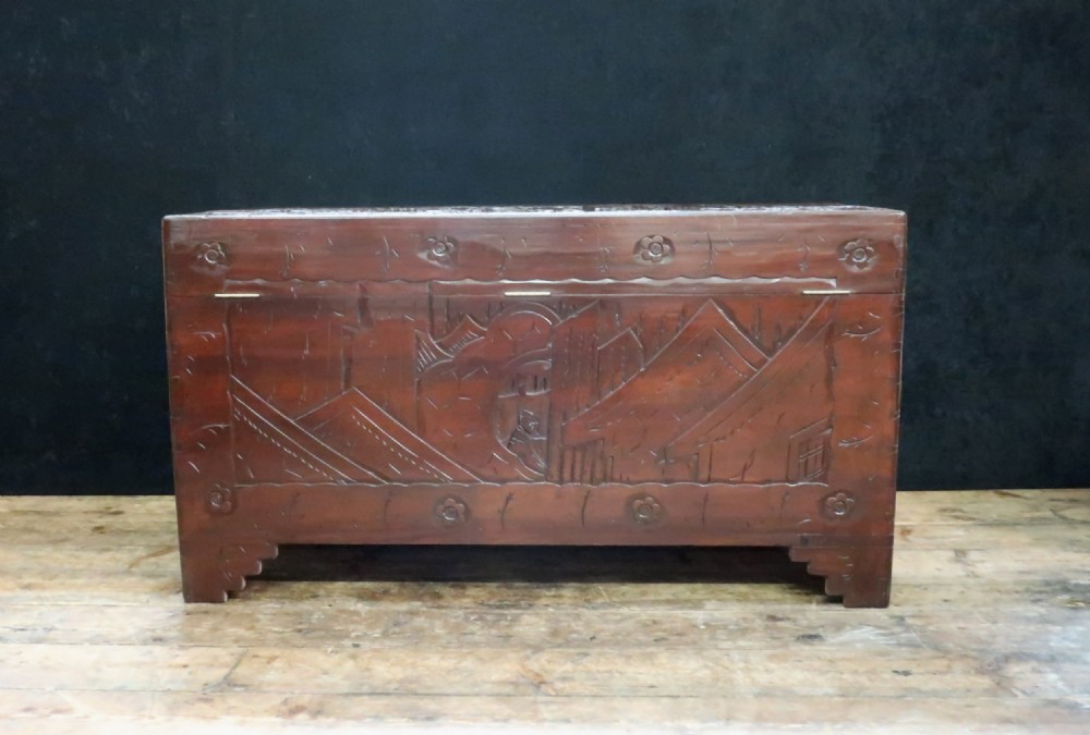 Early 20th Century Oriental Carved Teak and Camphor Wood Chest View IX
