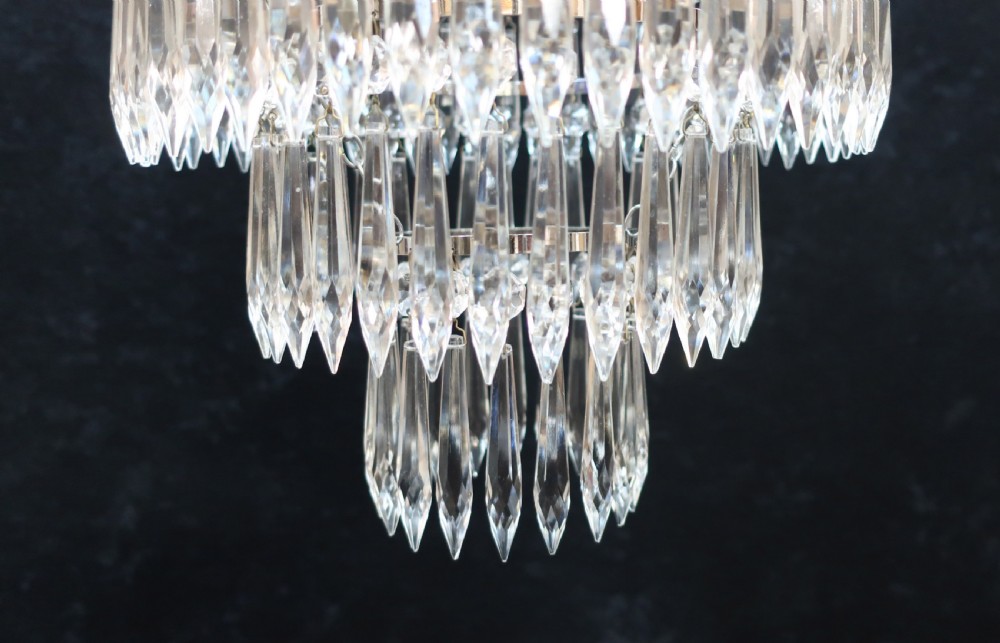 Pair of Italian Art Deco Three Tier Crystal Glass Chandeliers View IV