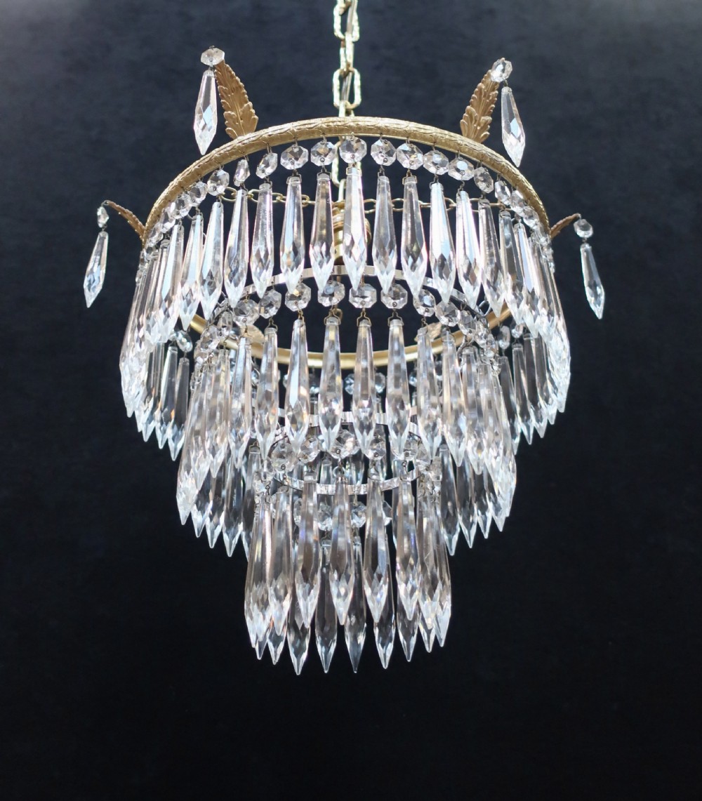 Pair of Italian Art Deco Three Tier Crystal Glass Chandeliers View VIII