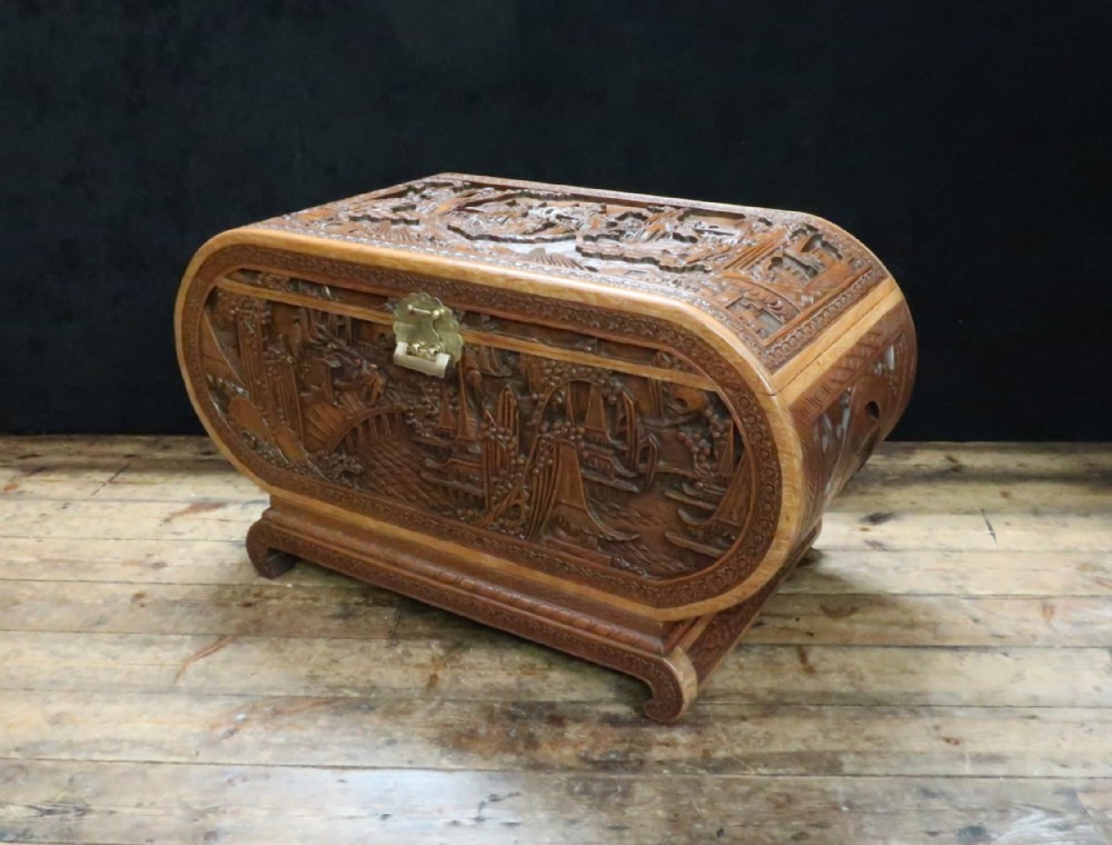 Early 20th Century Oriental Carved Teak and Camphor Wood Chest