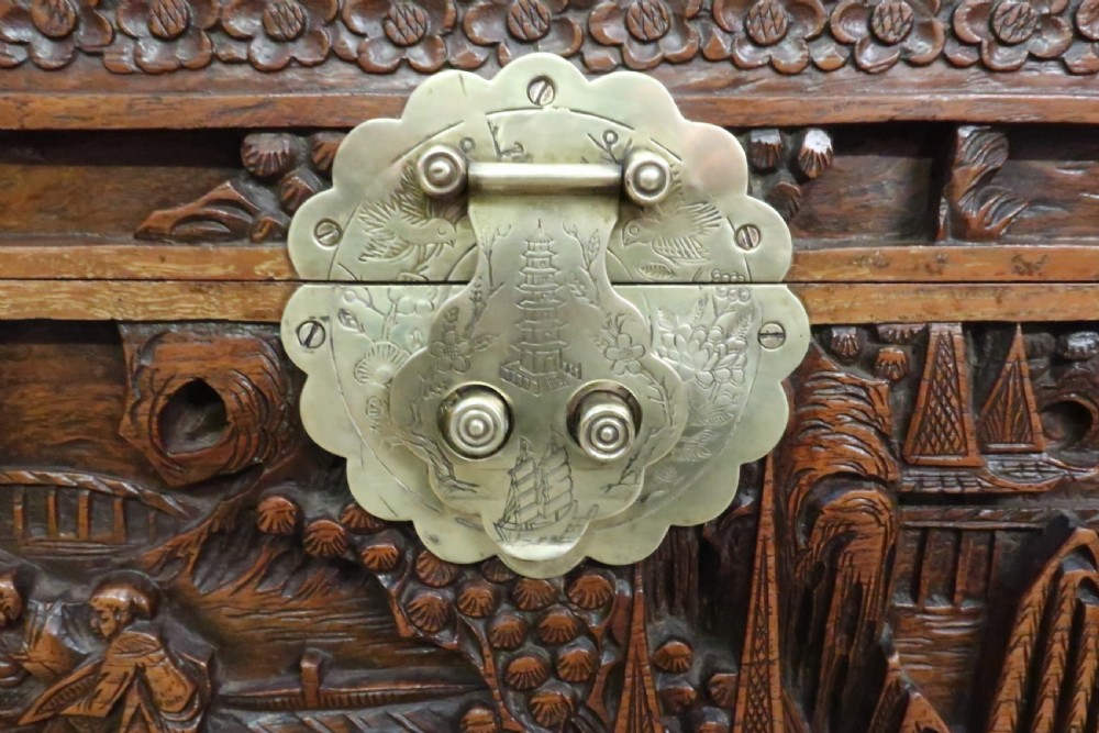 Early 20th Century Oriental Carved Teak and Camphor Wood Chest View VIII