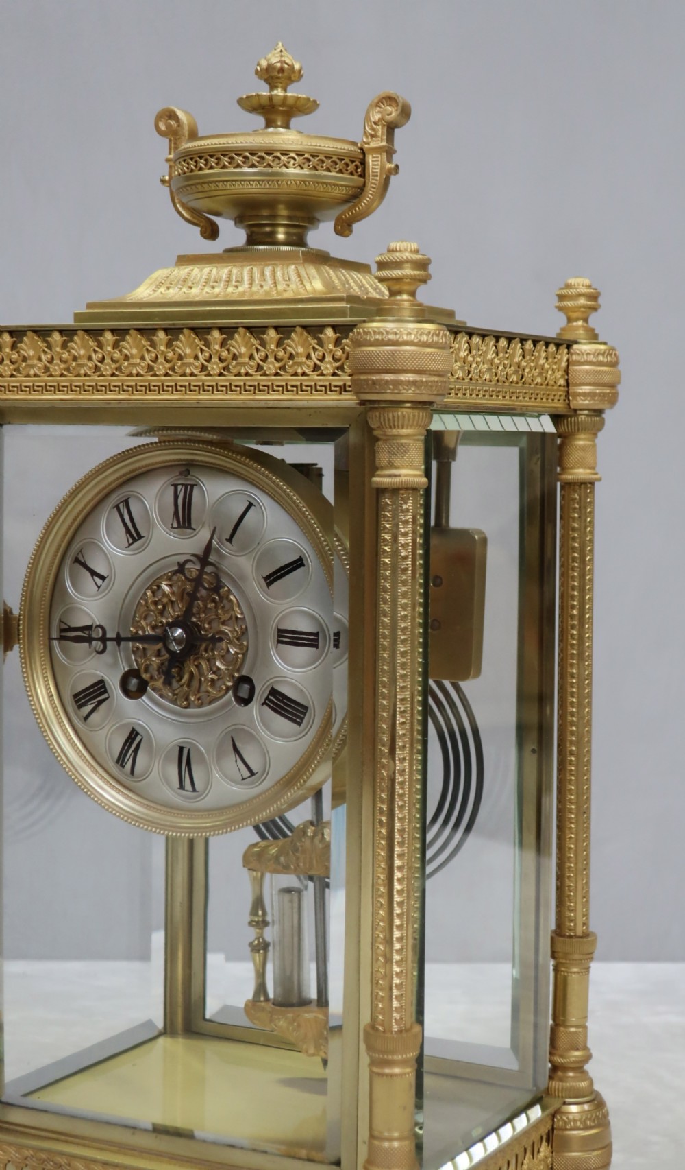 French Napoleon III Brass and Four Glass Mantel Clock by Vincenti View II