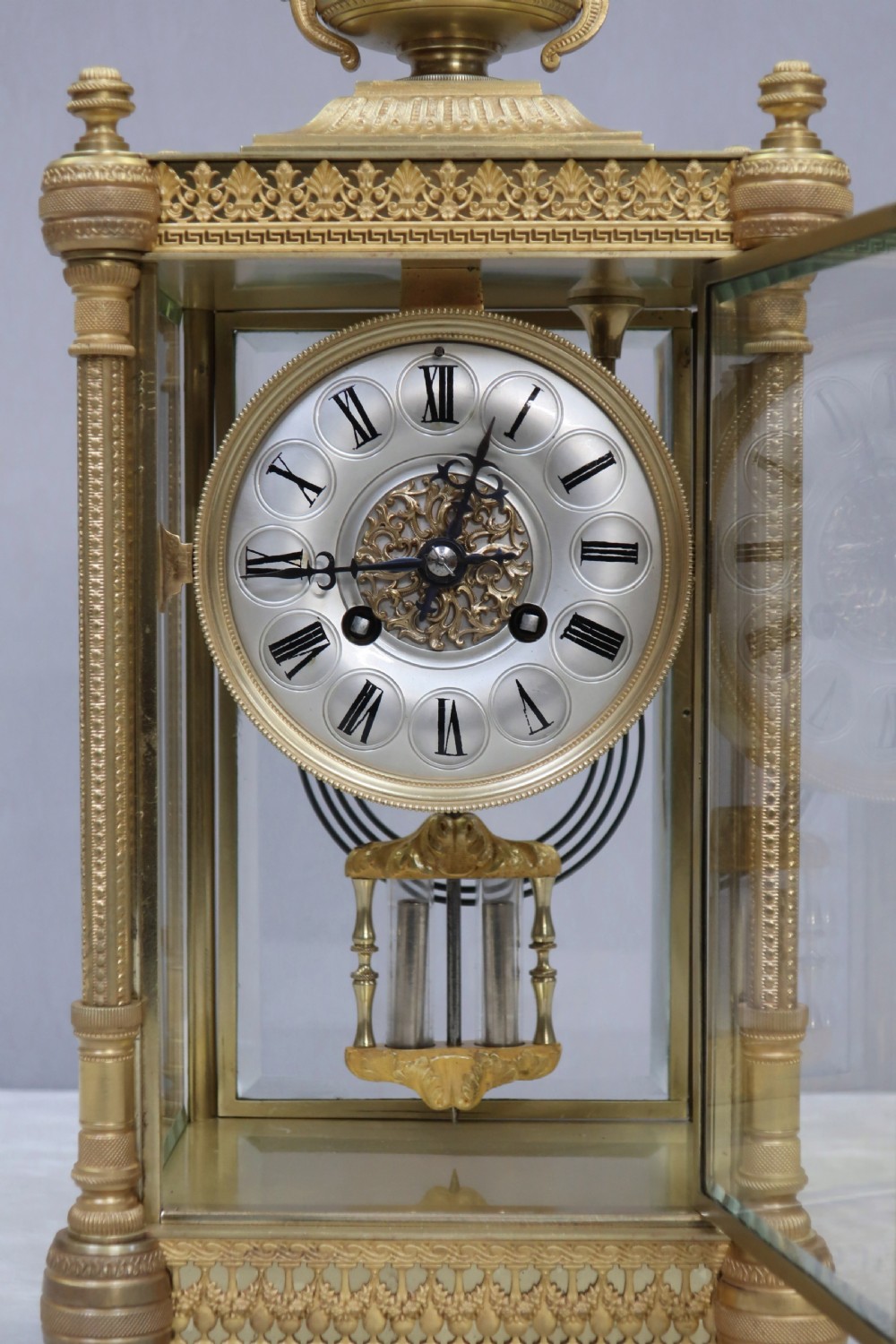 French Napoleon III Brass and Four Glass Mantel Clock by Vincenti View III