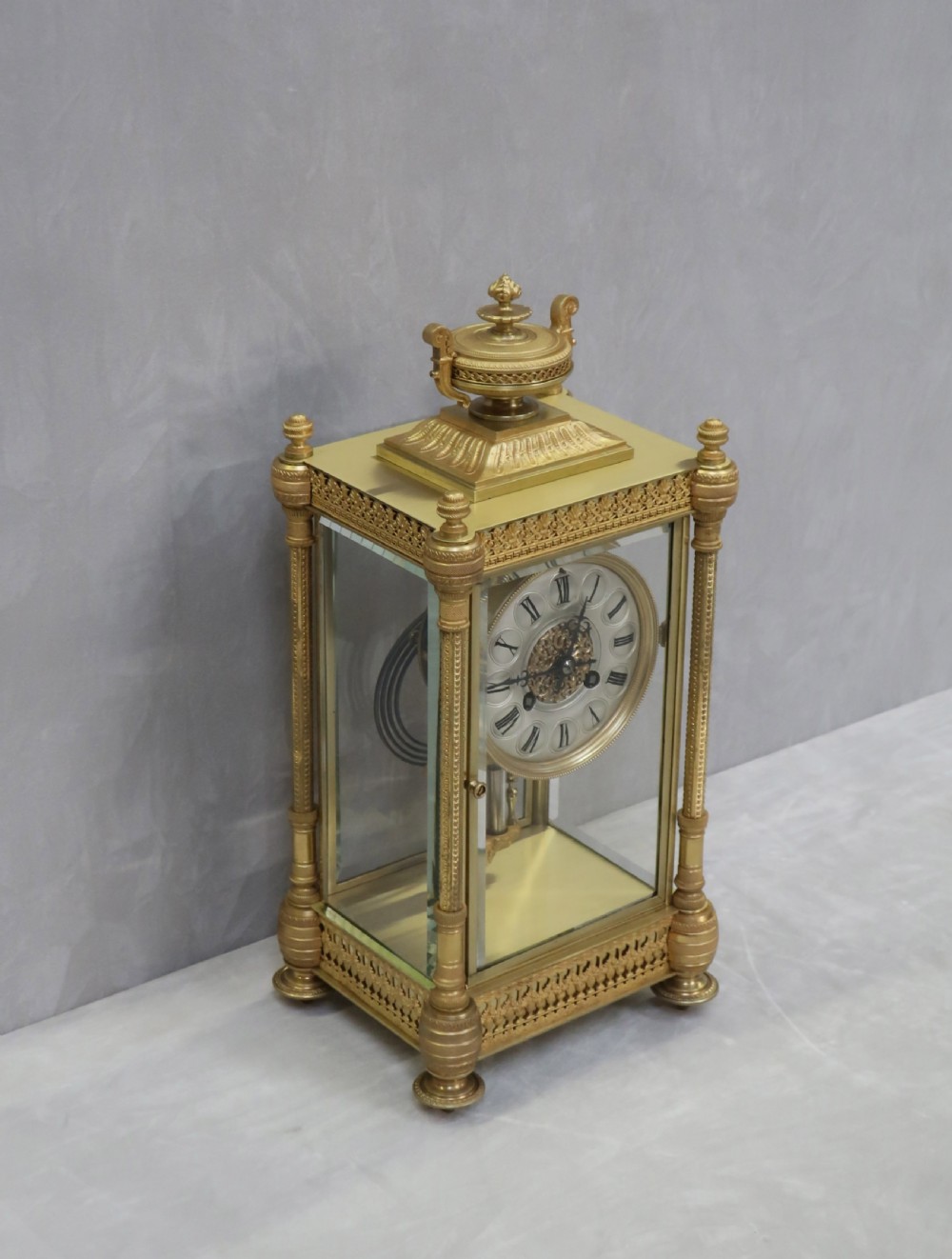 French Napoleon III Brass and Four Glass Mantel Clock by Vincenti View VII