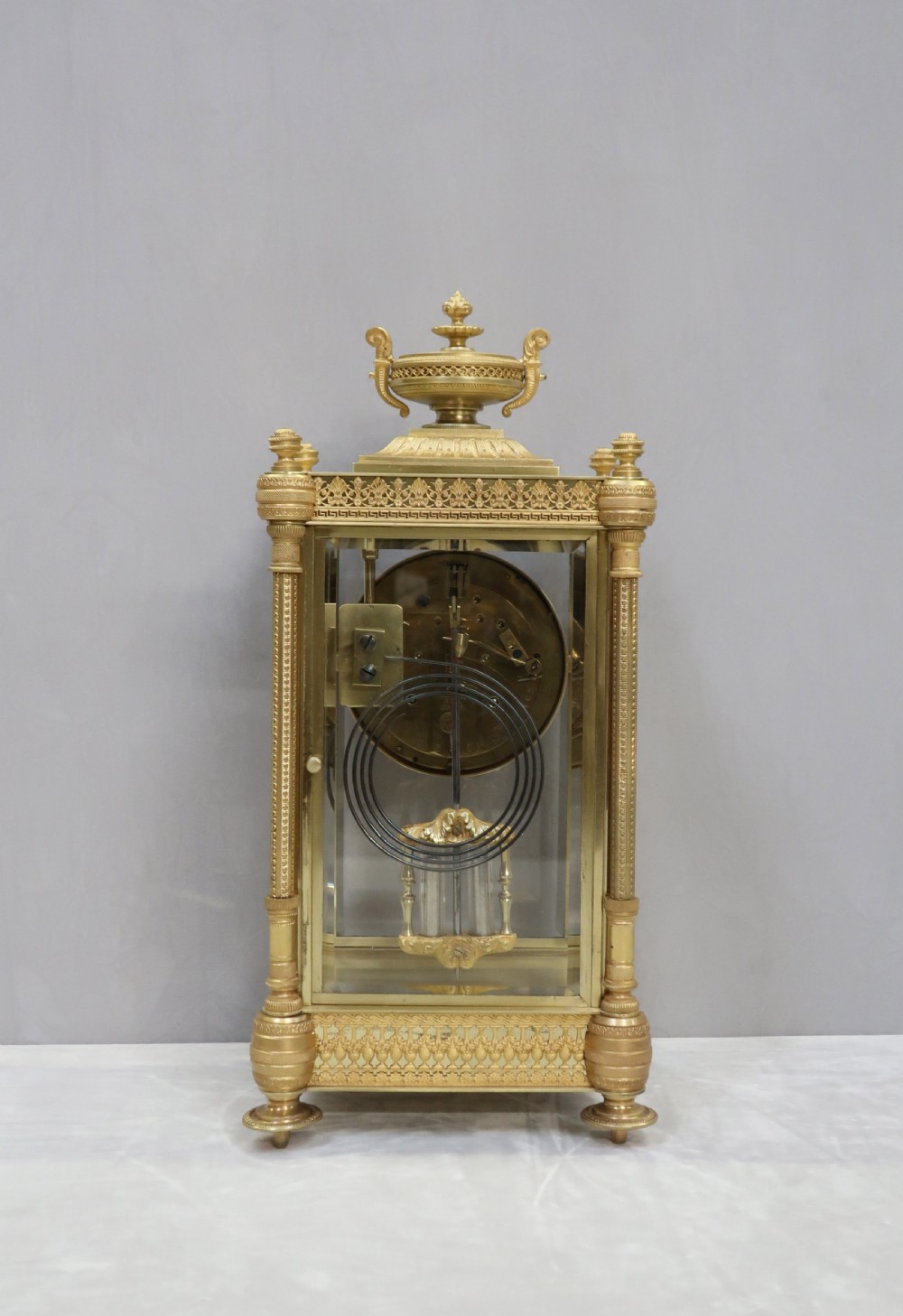 French Napoleon III Brass and Four Glass Mantel Clock by Vincenti View IX