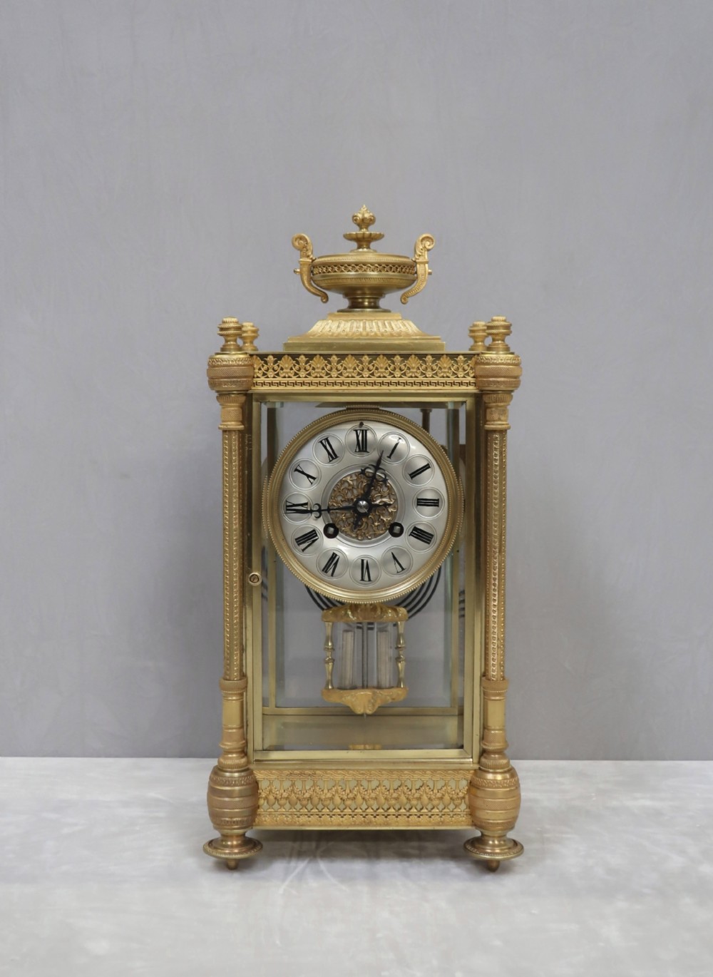 French Napoleon III Brass and Four Glass Mantel Clock by Vincenti