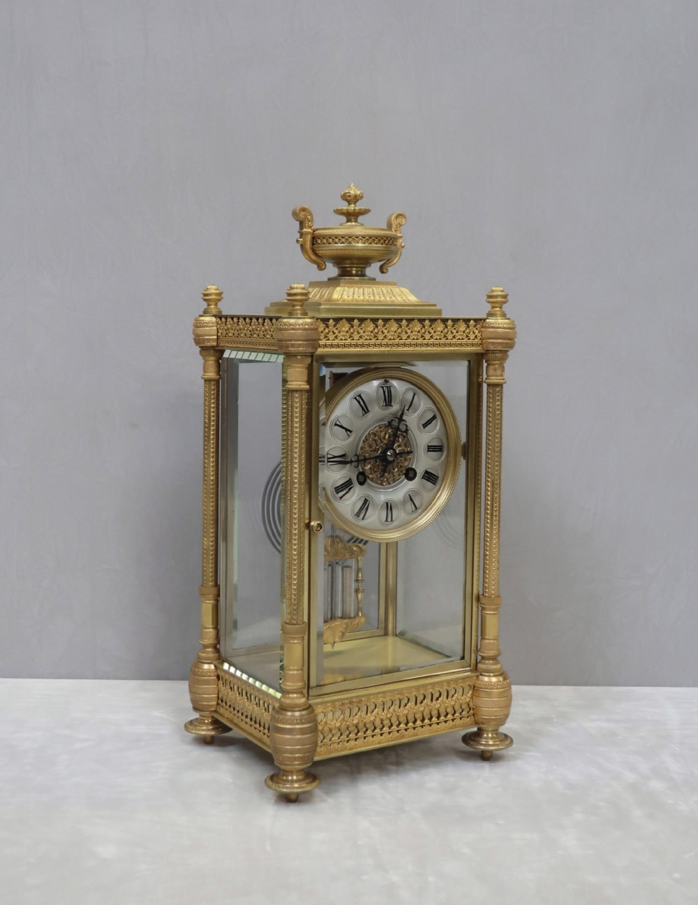 French Napoleon III Brass and Four Glass Mantel Clock by Vincenti View IV