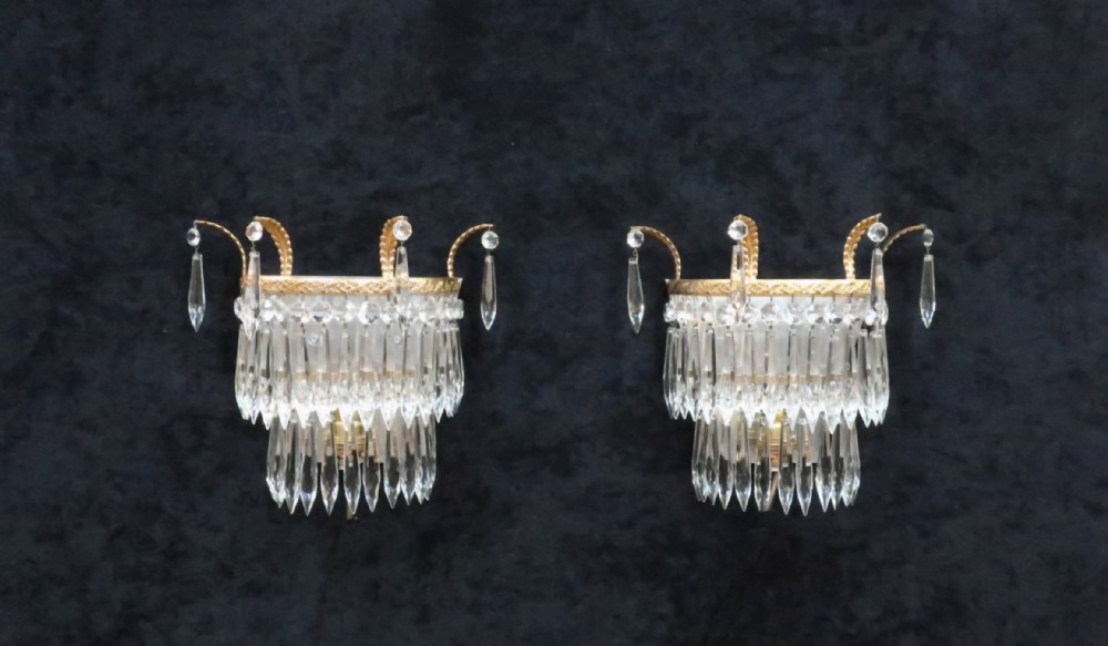 Pair of Italian Art Deco Two Tier Crystal Glass Wall Lights