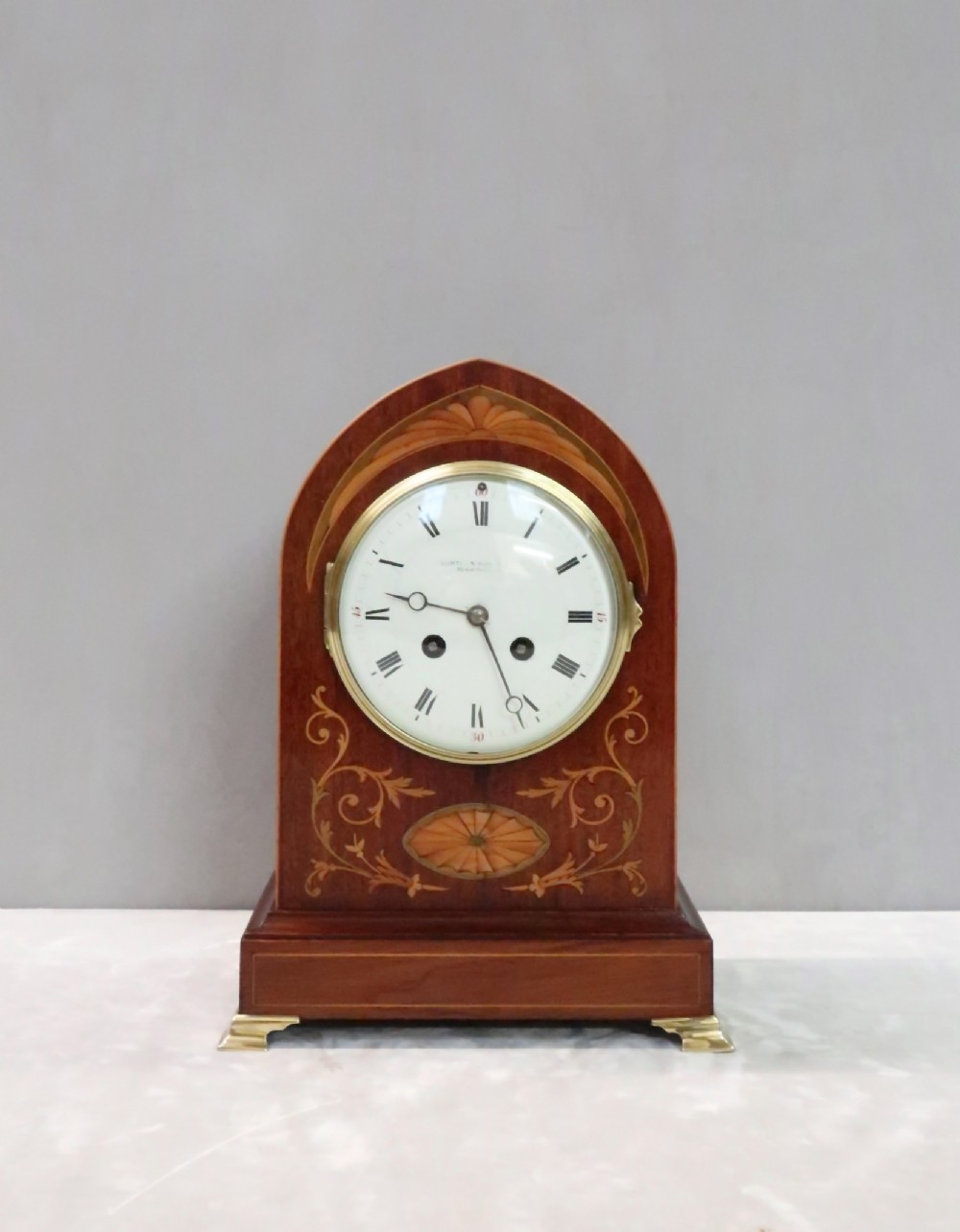 French Belle Epoque Mahogany and Inlaid Mantel Clock