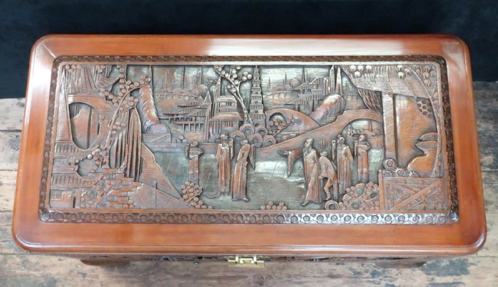 Early 20th Century Oriental Carved Teak and Camphor Wood Chest View III