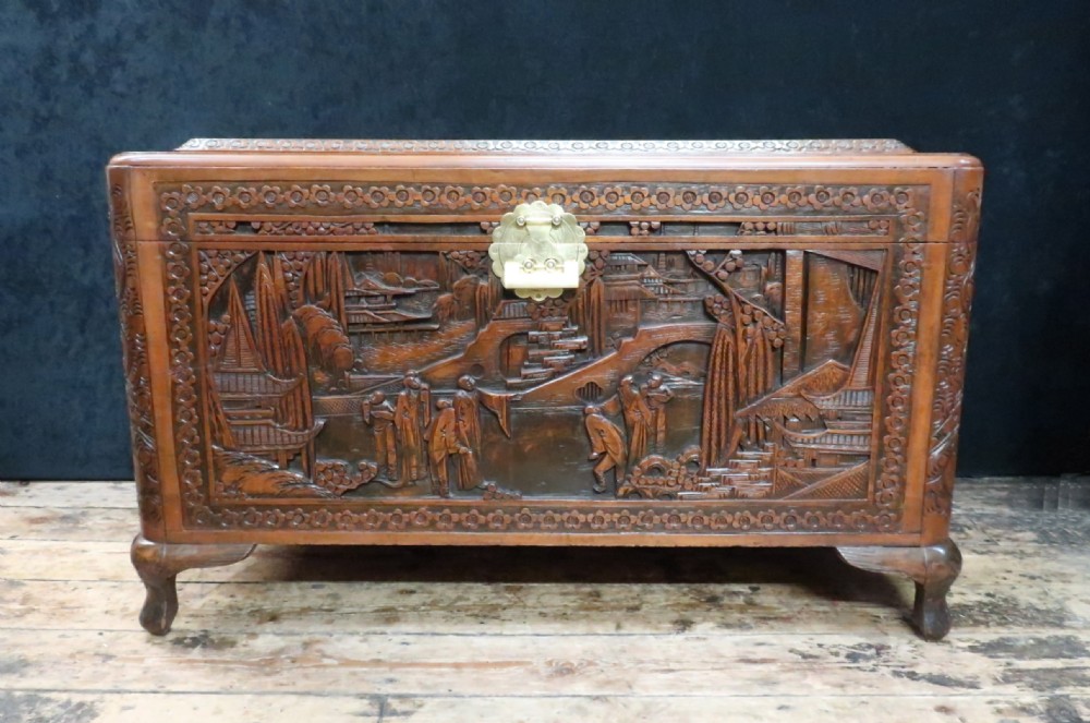 Early 20th Century Oriental Carved Teak and Camphor Wood Chest View VII
