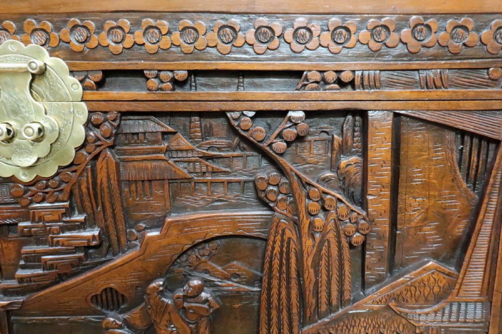 Early 20th Century Oriental Carved Teak and Camphor Wood Chest View X