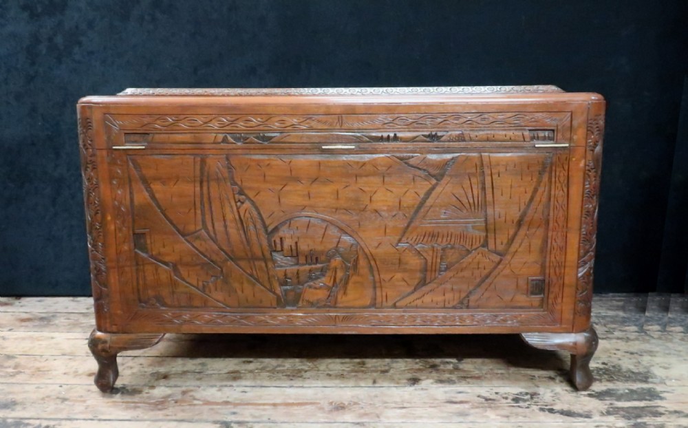 Early 20th Century Oriental Carved Teak and Camphor Wood Chest View XIII