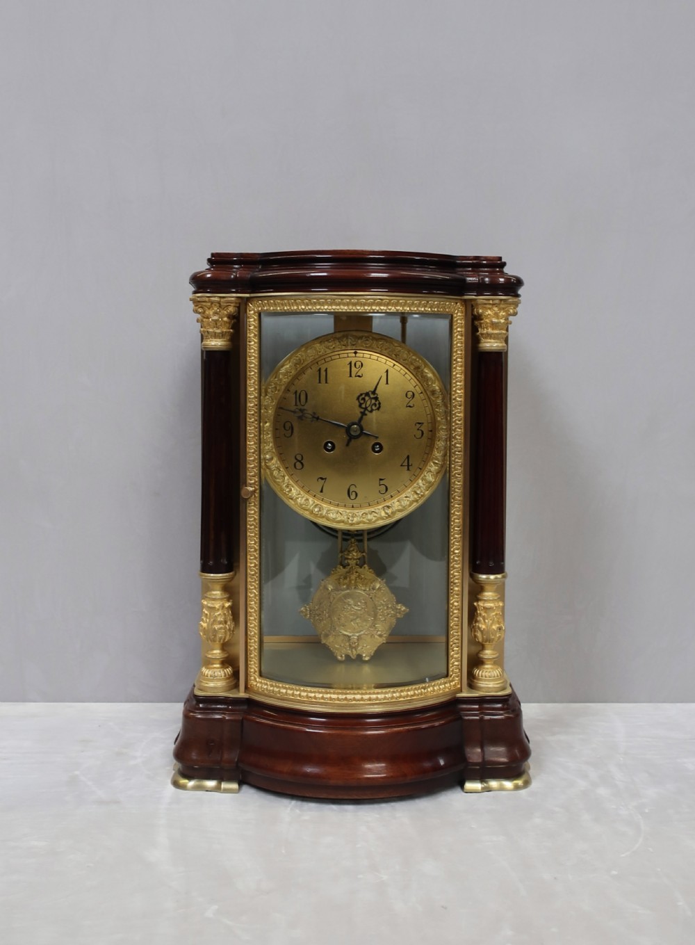 French Belle Epoque Mahogany Four Glass Mantel Clock by Japy Freres