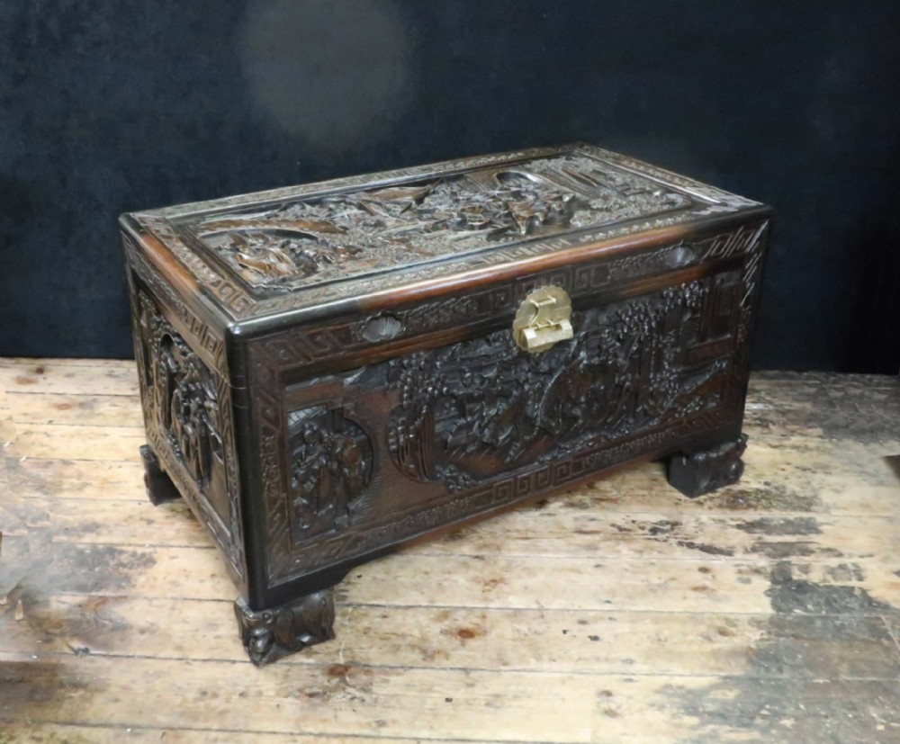 Early 20th Century Oriental Carved Teak and Camphor Wood Chest