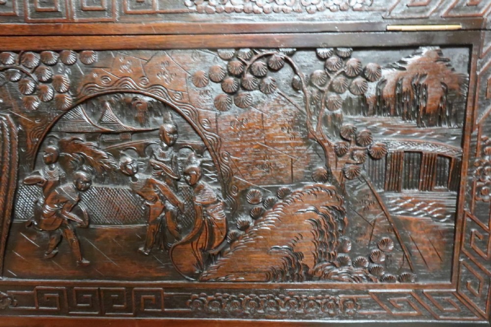 Early 20th Century Oriental Carved Teak and Camphor Wood Chest View XIV