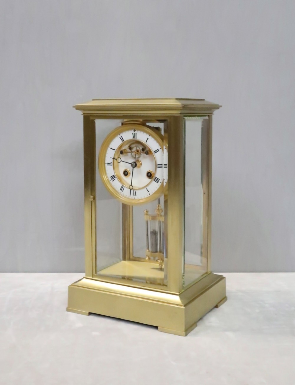 French Belle Epoque Brass Four Glass Mantel Clock by Samuel Marti