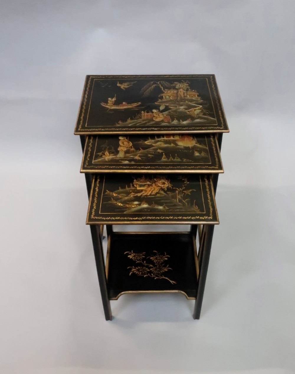 Edwardian Japanned Chinoiserie Nest of Three Tables