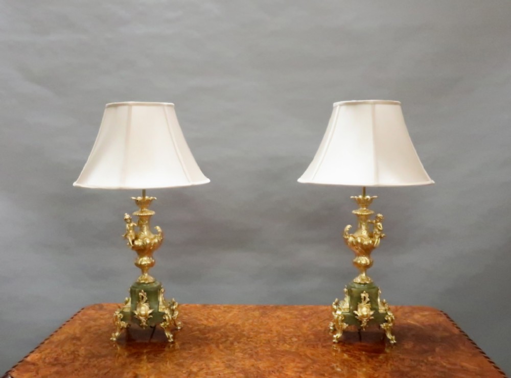 Pair of French Louis XV Style Gilt and Onyx Table Lamps