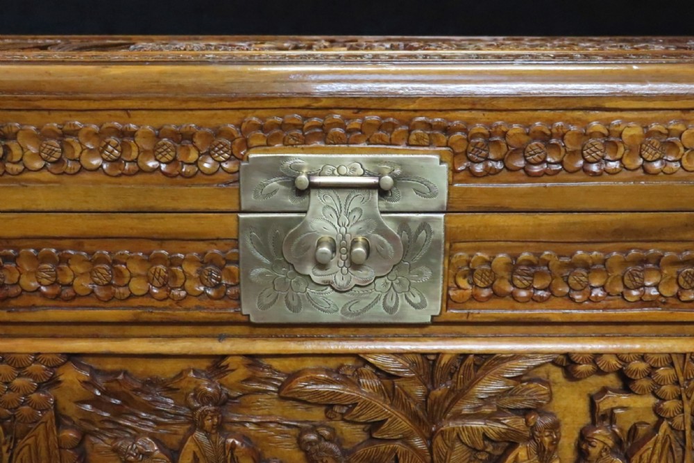 Early 20th Century Oriental Carved Maple and Camphor Wood Chest View VII