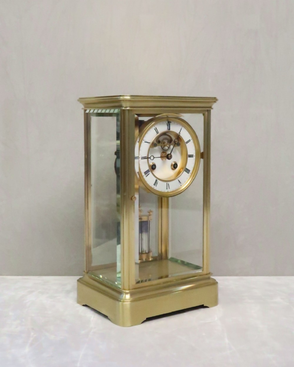French Belle Epoque Brass Four Glass Mantel Clock