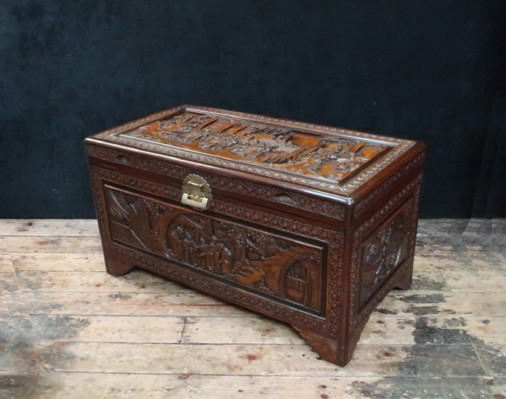 Early 20th Century Oriental Carved Camphor Wood and Maple Chest