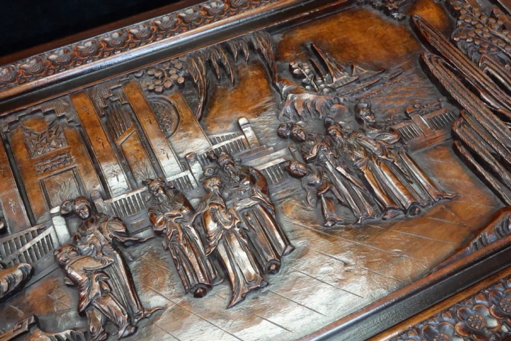 Early 20th Century Oriental Carved Camphor Wood and Maple Chest View IV