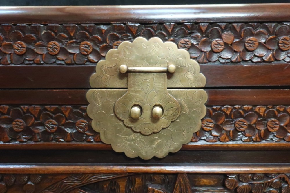 Early 20th Century Oriental Carved Camphor Wood and Maple Chest View VII