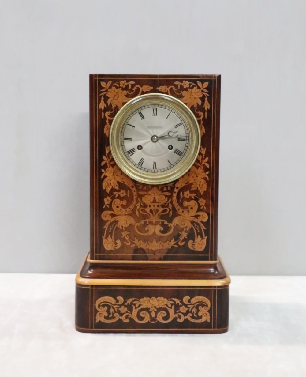 French Napoleon III Rosewood Inlaid Mantel Clock by Rollin