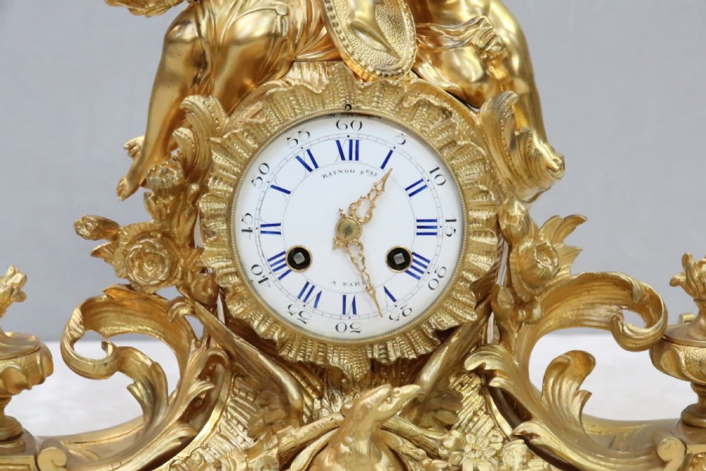 French Napoleon III Bronze Gilt Mantel Clock by Raingo Freres View IV