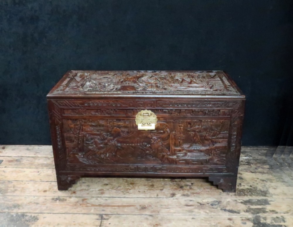 Early 20th Century Oriental Carved Camphor Wood Storage Chest