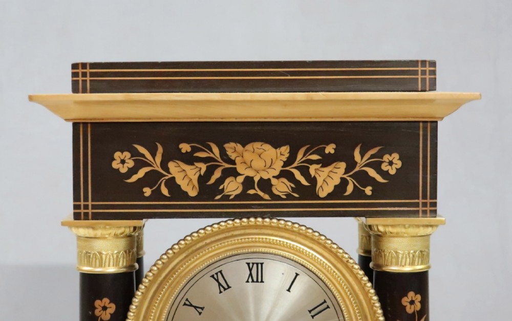 French Ebonised and Inlaid Portico Mantel Clock by Leroy View V