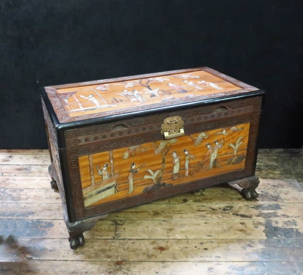 ORIENTAL CHINESE CAMPHOR WOOD & SOAPSTONE CHEST