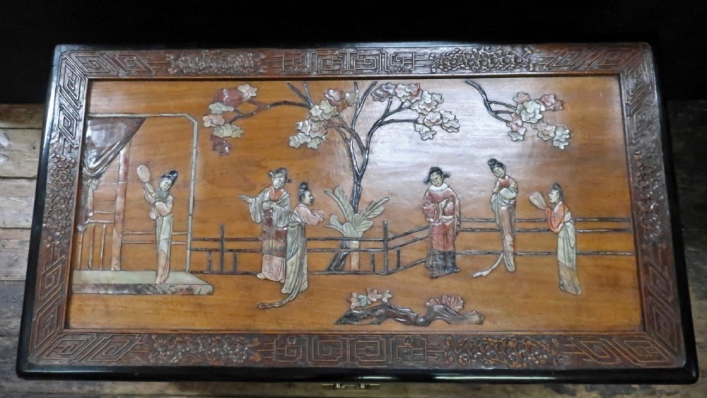 ORIENTAL CHINESE CAMPHOR WOOD & SOAPSTONE CHEST View II