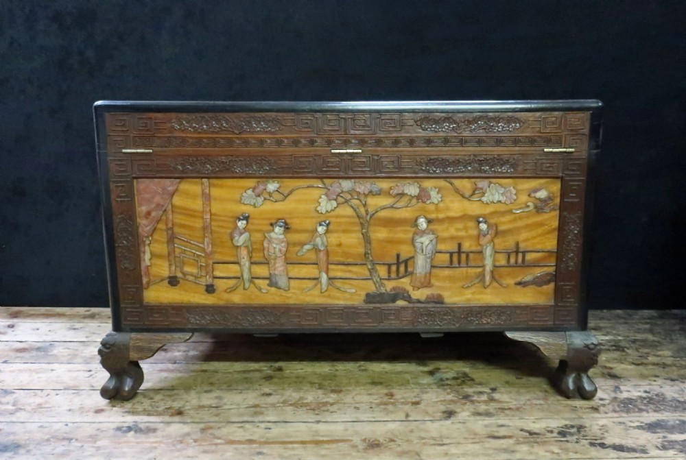 ORIENTAL CHINESE CAMPHOR WOOD & SOAPSTONE CHEST View XIV